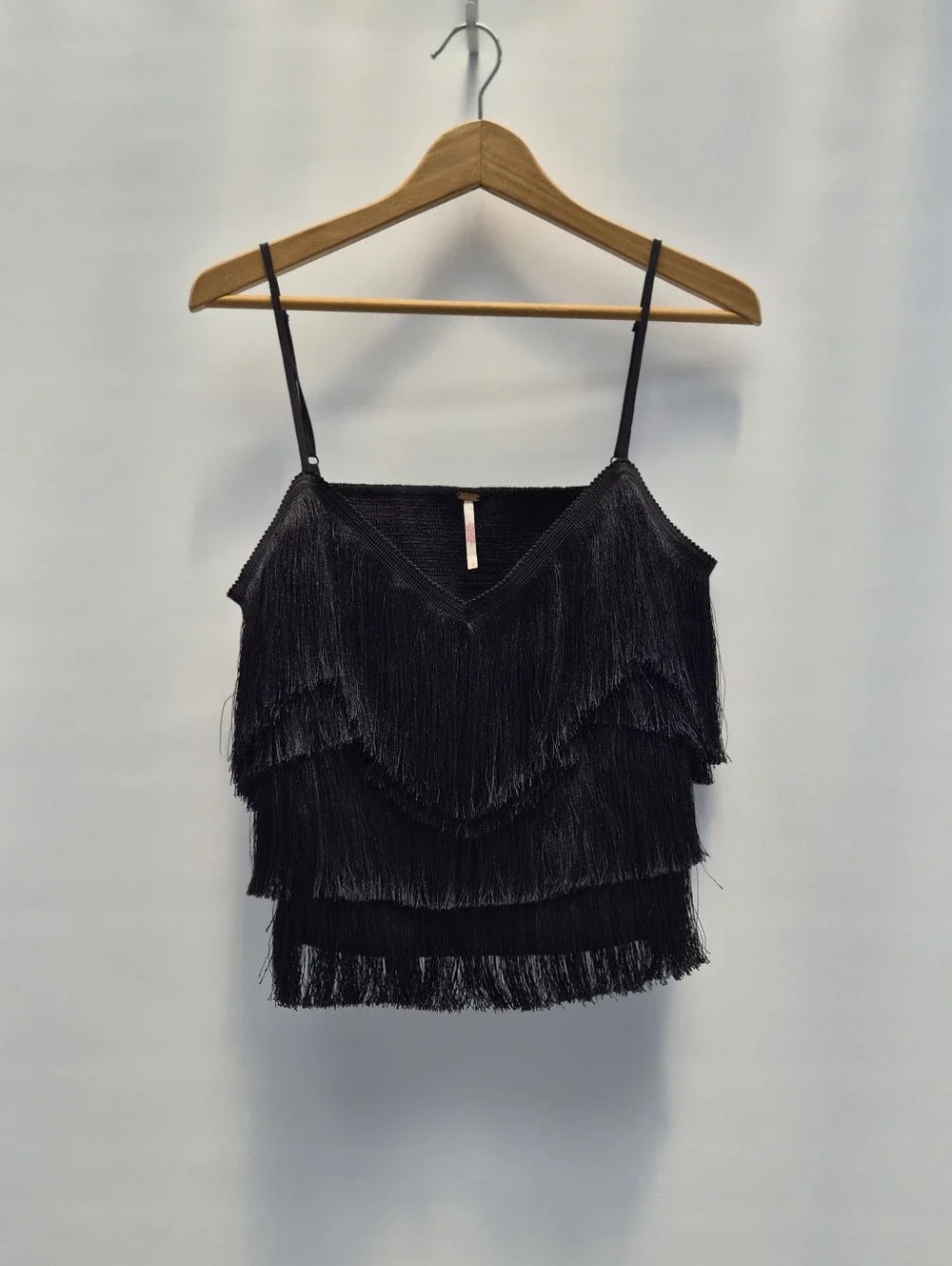 Free People Shimmy Fringe Cami Top L Black Boho Coastal Cowgirl Festival Western